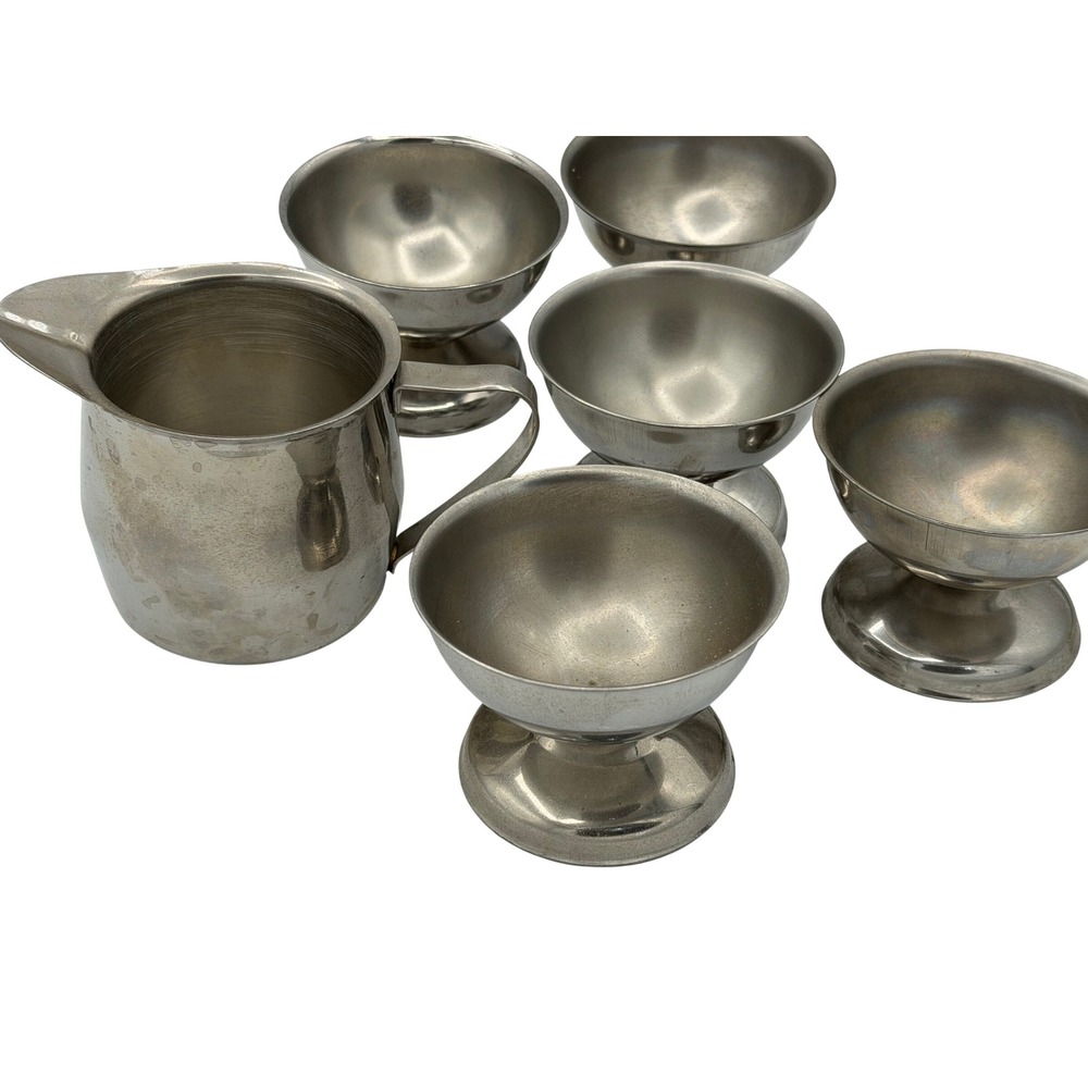 Vtg Edward Don Stainless Steel Ice Cream Dessert Bowls Footed Cups Creamer Lot 6